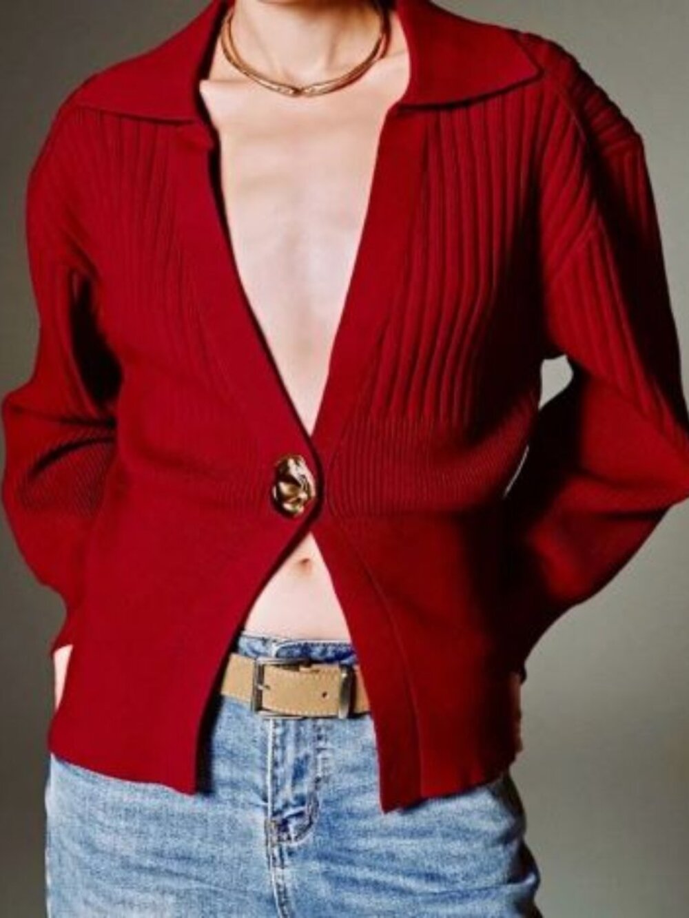 URBAN REVIVO Women's Cardigan V-Neck Lapel Knitted Cardigan Sweater Size US 4